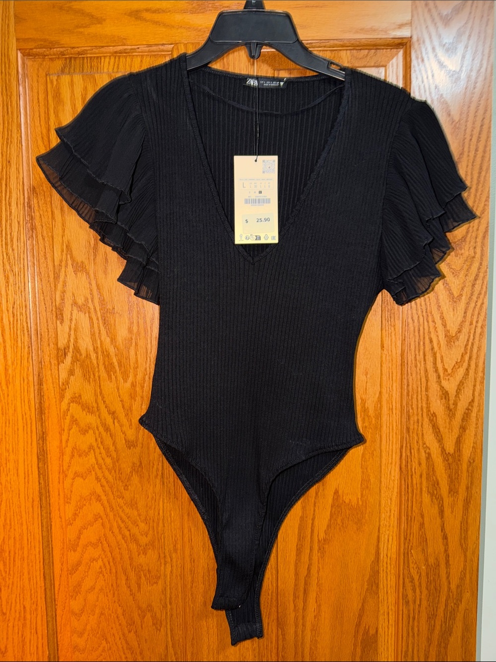 Zara Black Ribbed Flutter-Sleeve Bodysuit